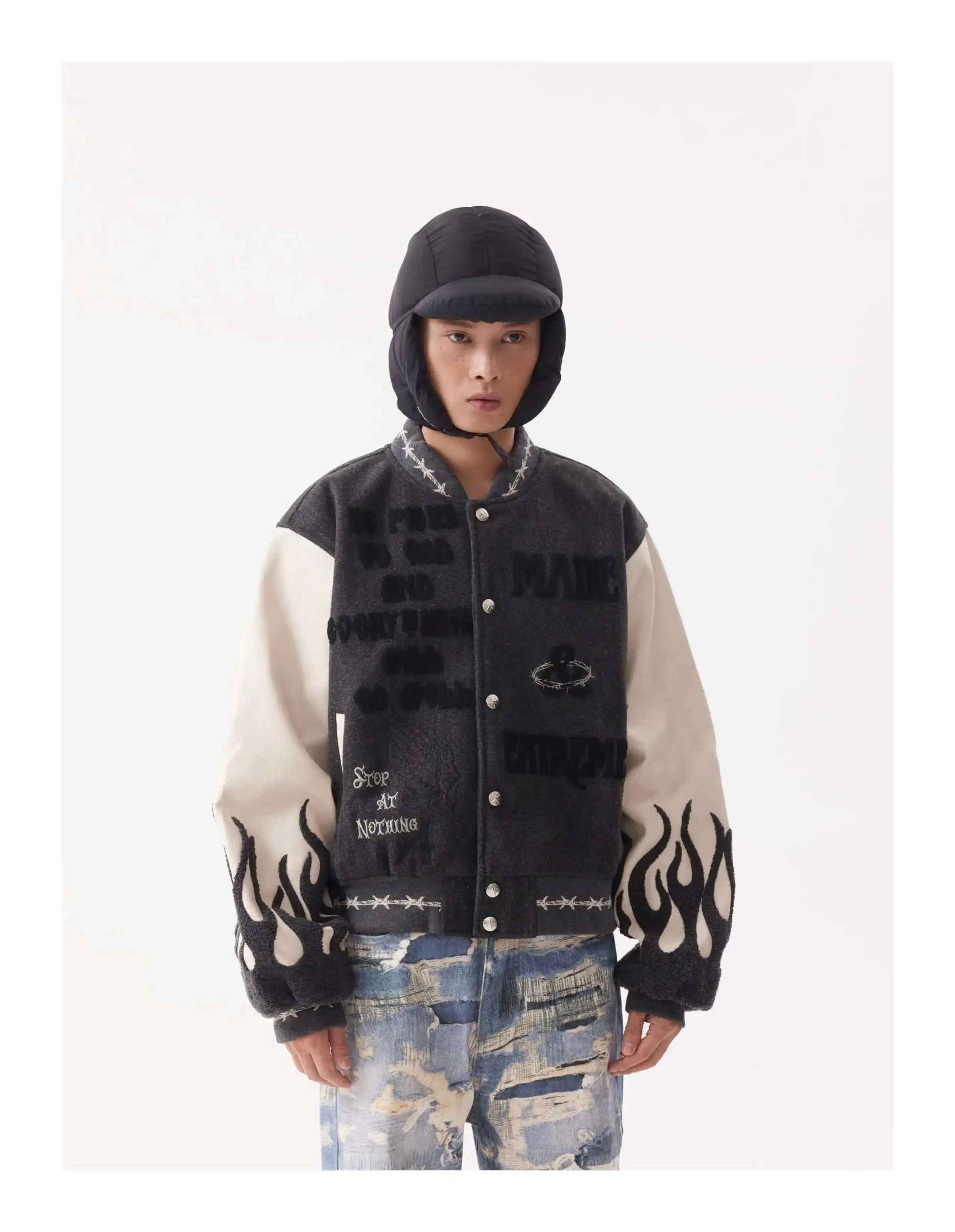 Flame Mixed Knit Embroidery Colorblock Jacket