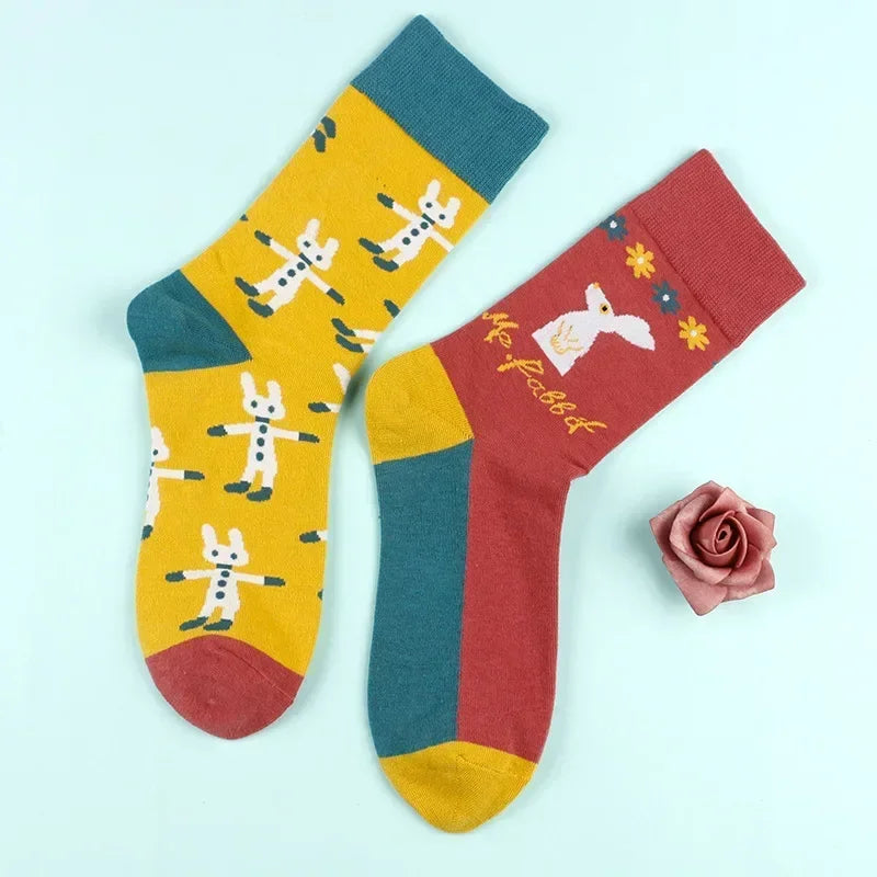 Floral Cartoon Asymmetric Compression School Socks