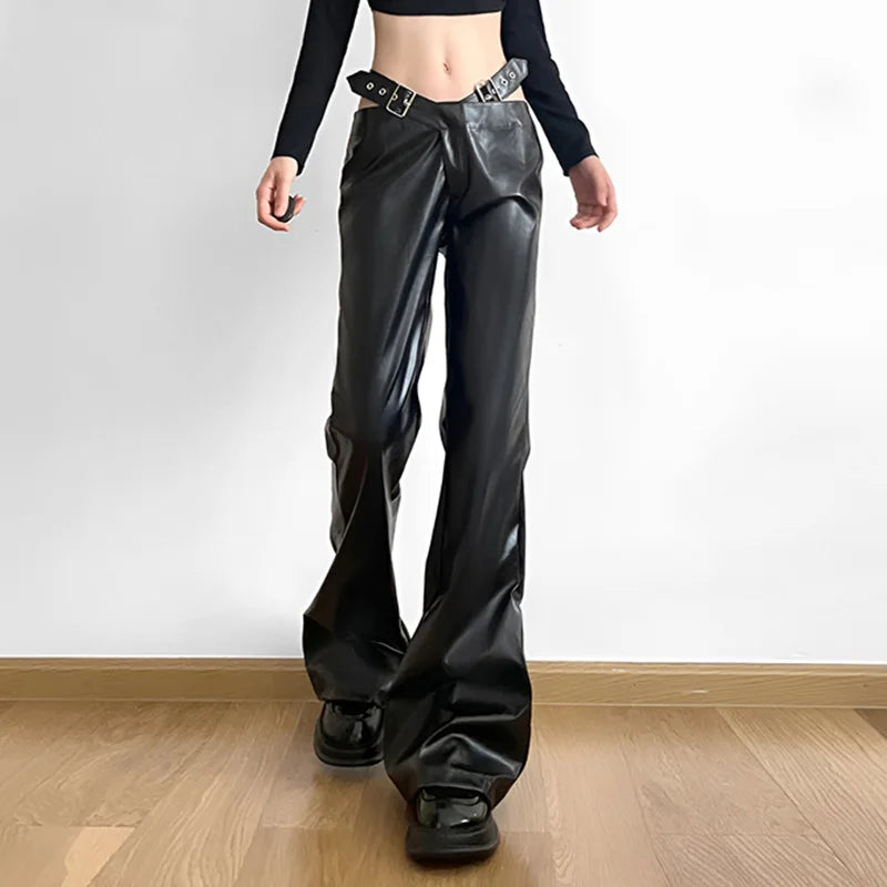 Gothic High Waist Metal Belt Leather Pants