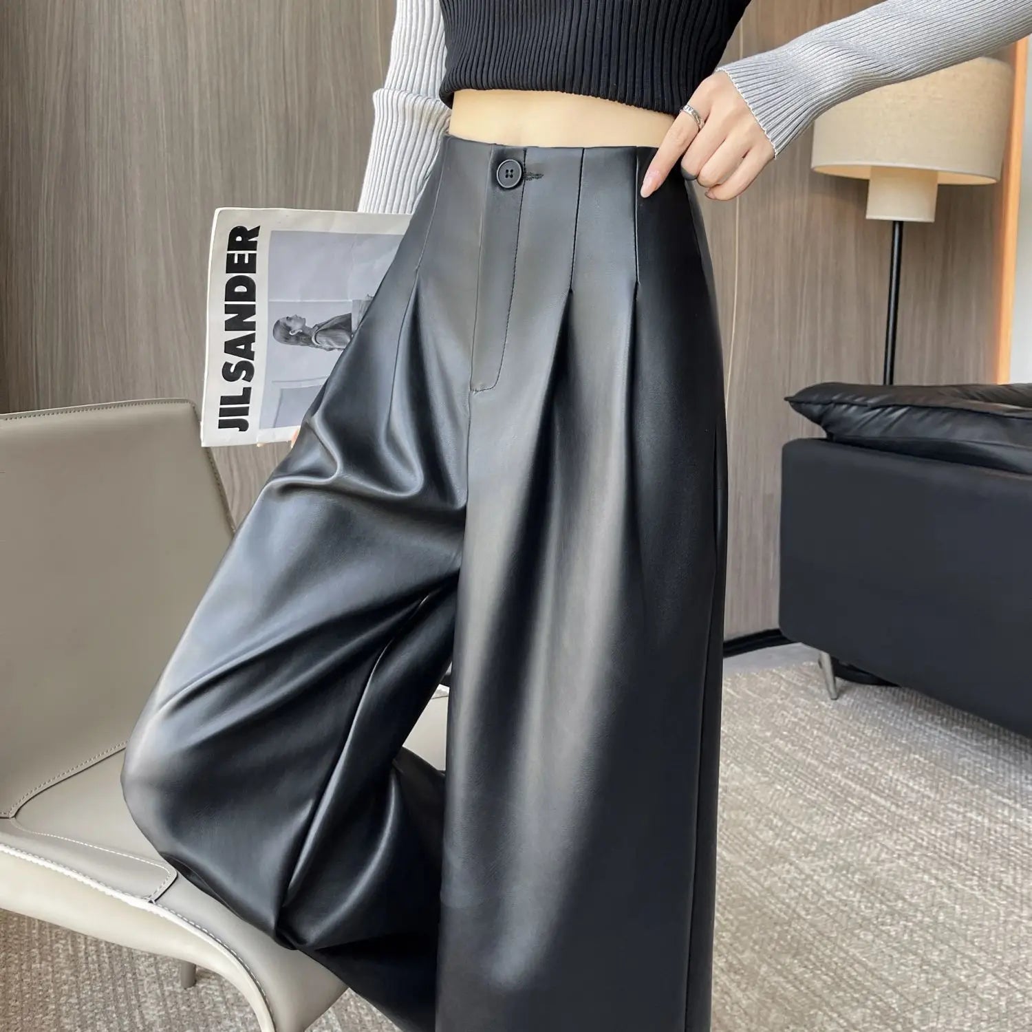 Pantalon en cuir taille haute à jambes larges