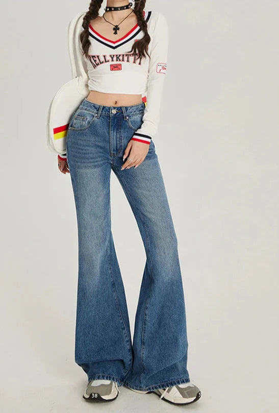 Jean évasé taille haute rétro léger