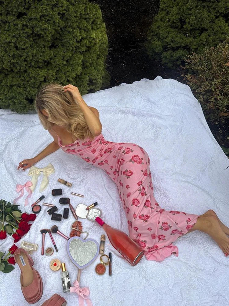 Satin Pink Rose Maxi Dress