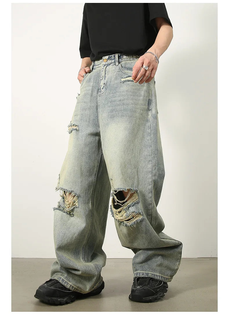 High End Blue Loose Ripped Jeans