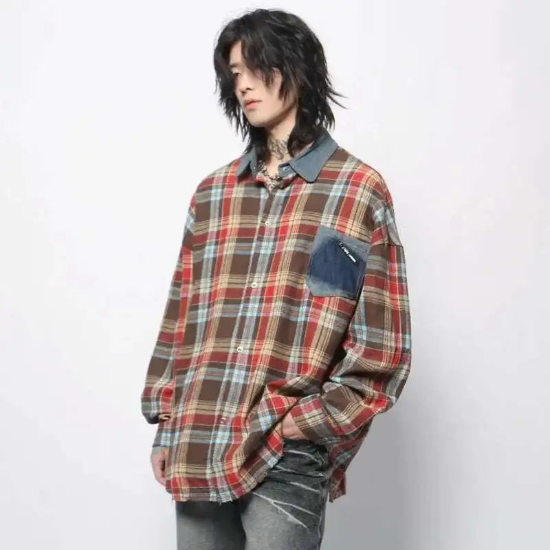 Fashionable Vintage Plaid Frayed Edge Long Sleeve Shirt