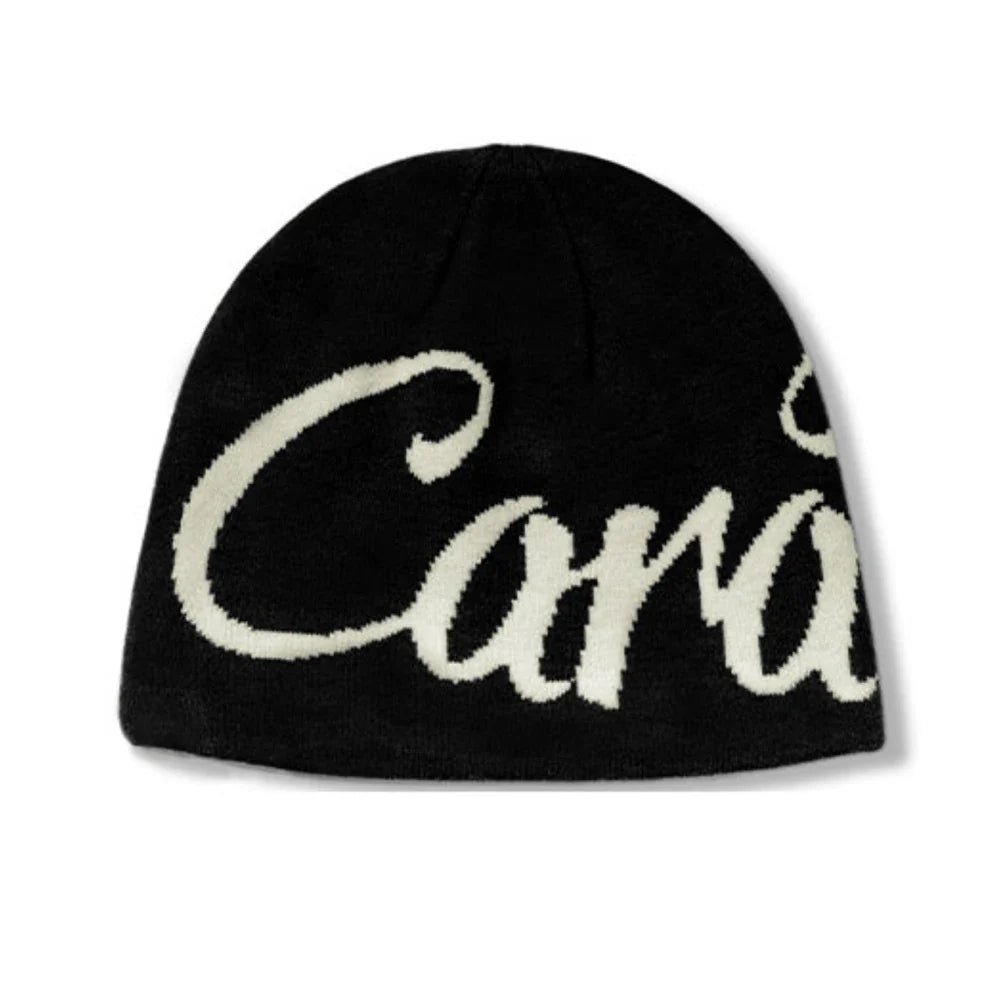 Black Wool Jacquard Letter Beanie Hat