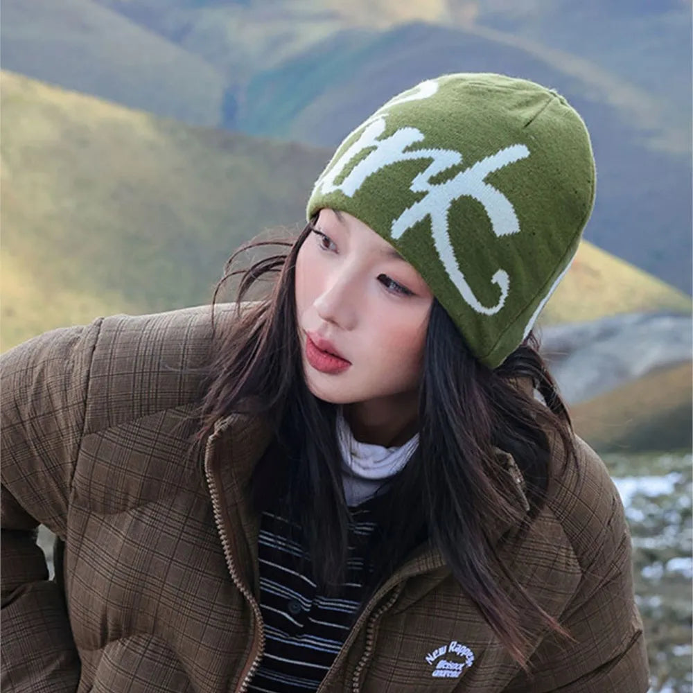 Black Wool Jacquard Letter Beanie Hat