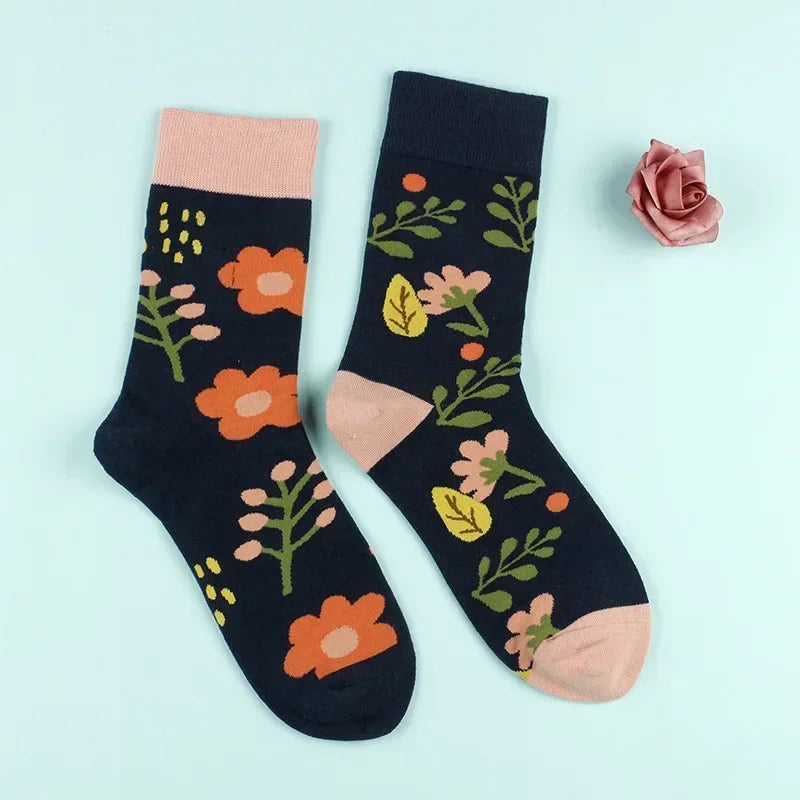 Floral Cartoon Asymmetric Compression School Socks
