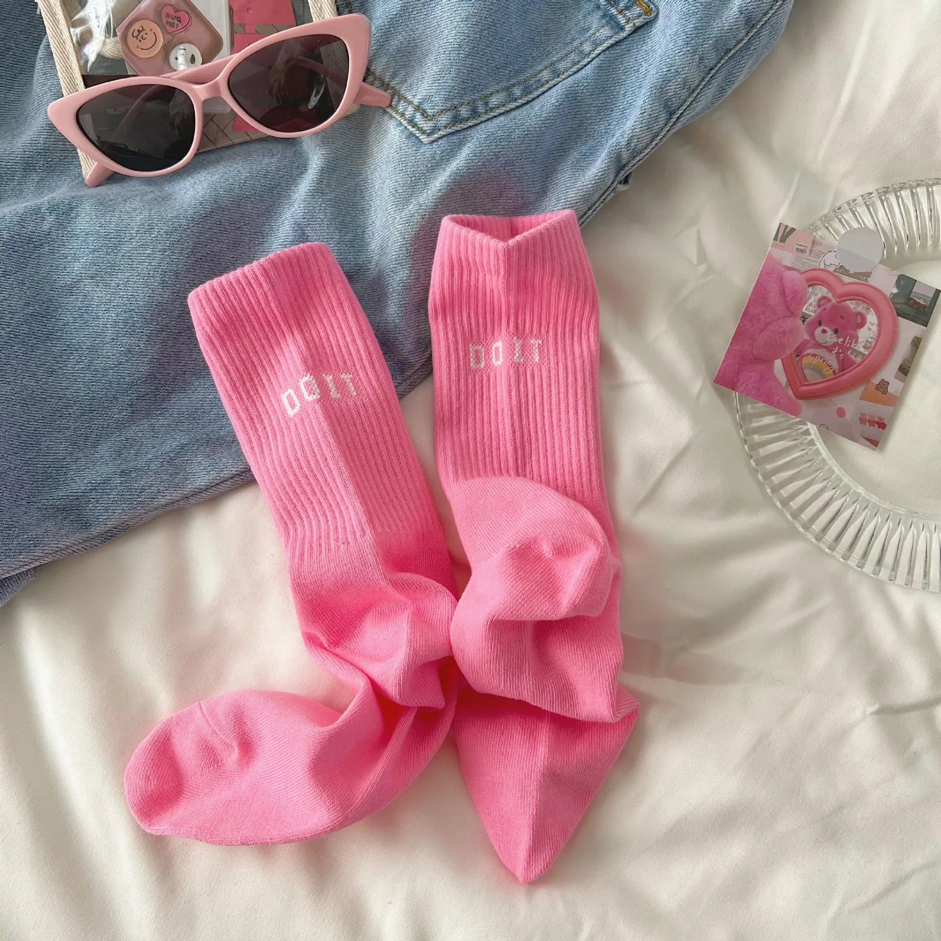 Pink High Waist Letter Sports Socks