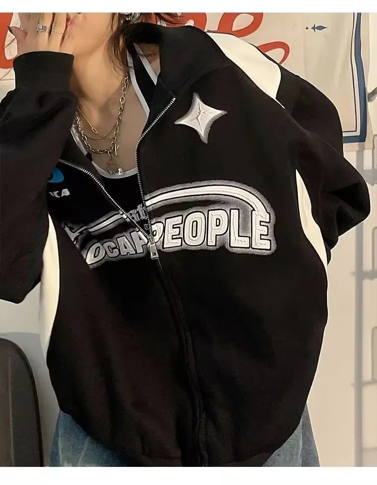 Oversized Vintage Black White Zip-Up Sweatshirt