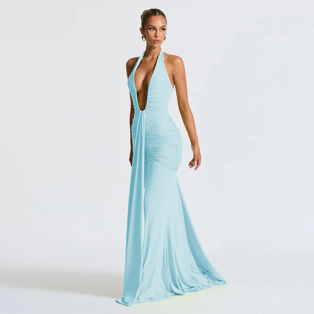 Ruched Deep Plunge Maxi Dress