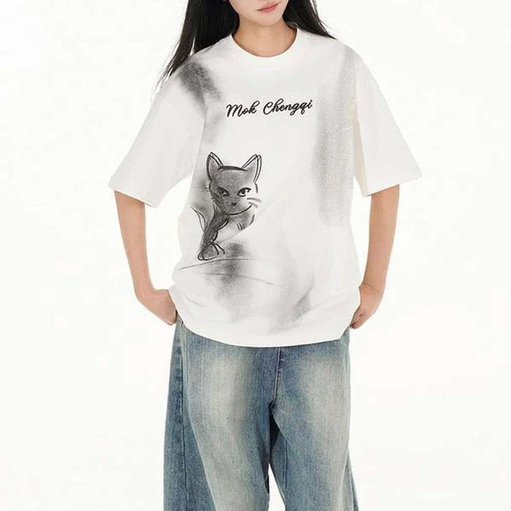 Vintage Kitten Graphic Short Sleeved T-Shirt