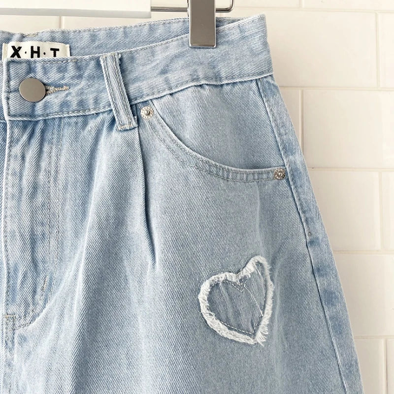 Denim hemelsblauwe hartborduursel shorts