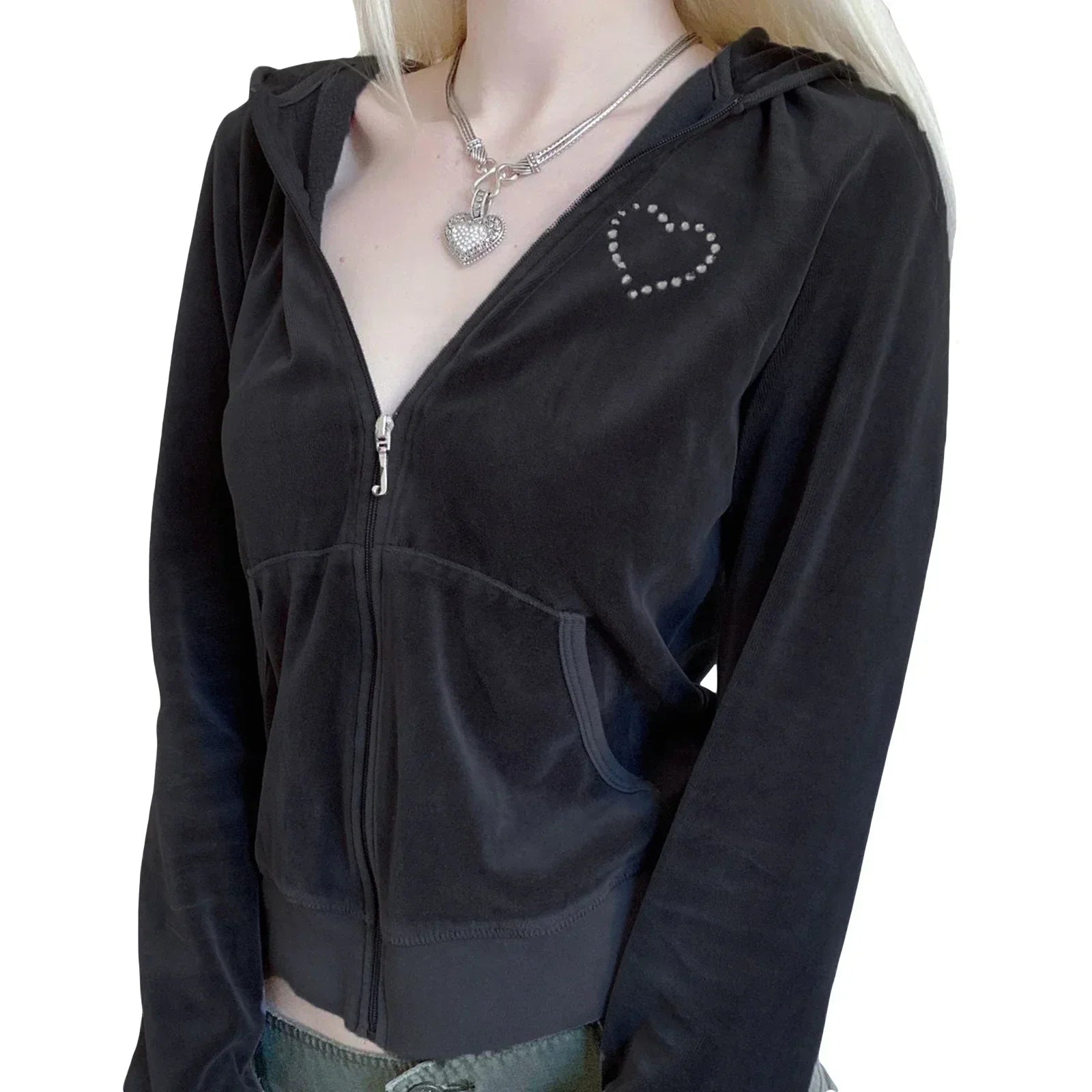 Rhinestone Heart Decor Zip Up Sweatshirt