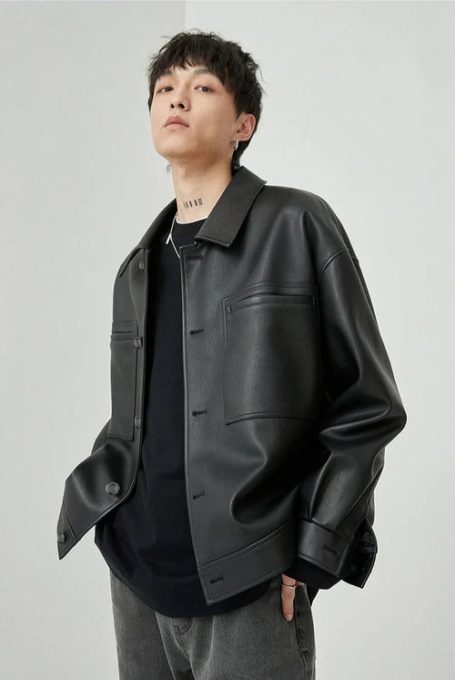 Jaqueta oversized de couro sintético marrom e preta - Preto / XXL