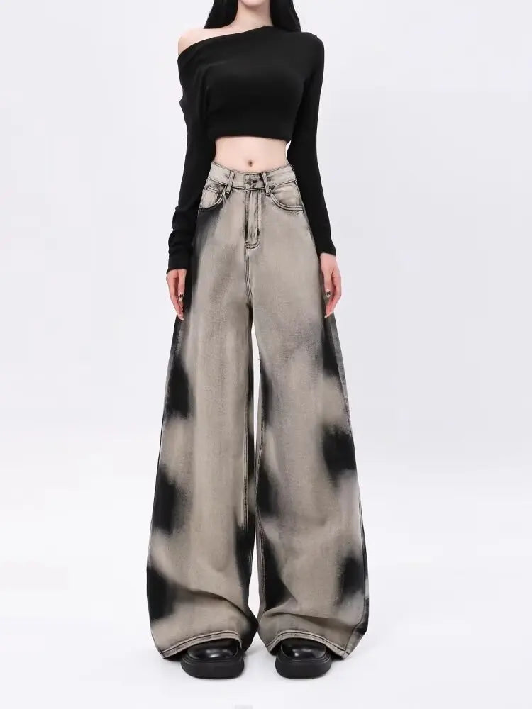 Vaqueros de cintura alta con efecto tie-dye lavados vintage