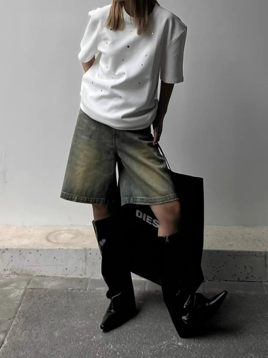 Pantaloncini di jeans da donna a vita alta, stile streetwear