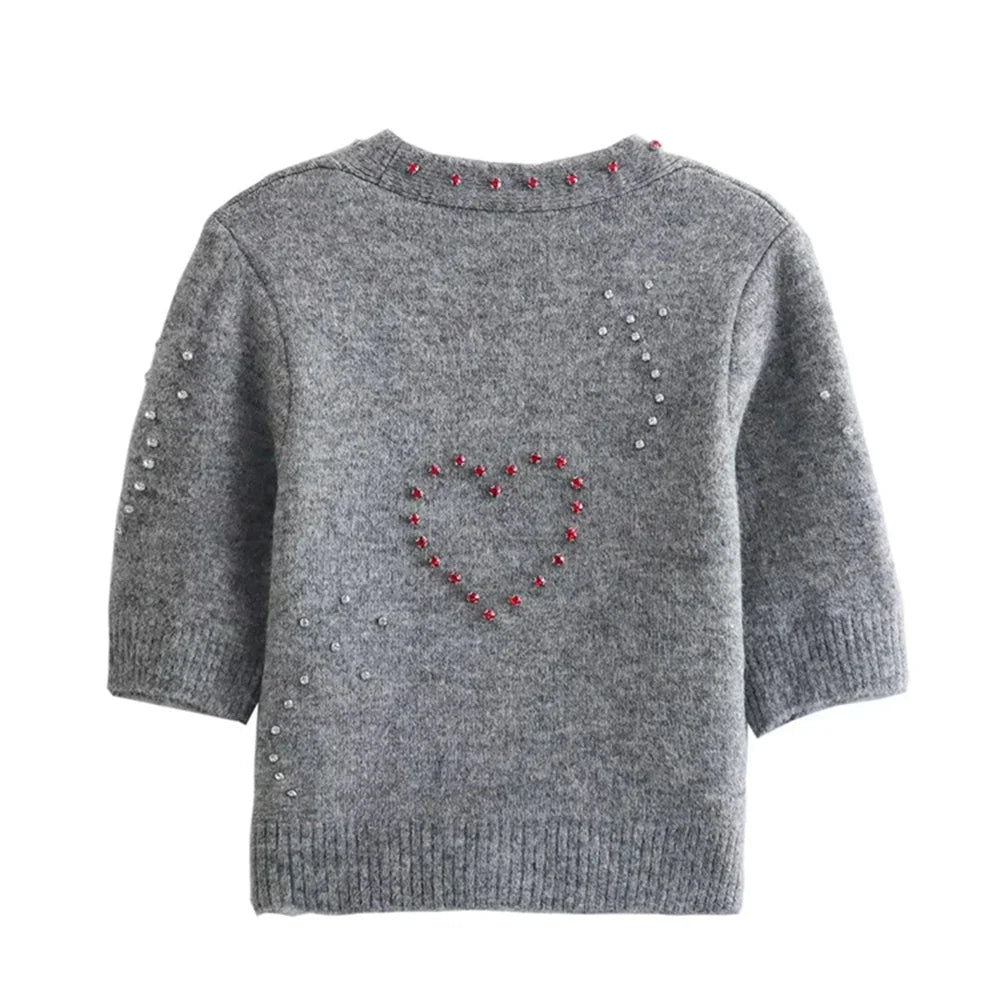 Heart Slimming V-Neck Short Sleeve Sweater