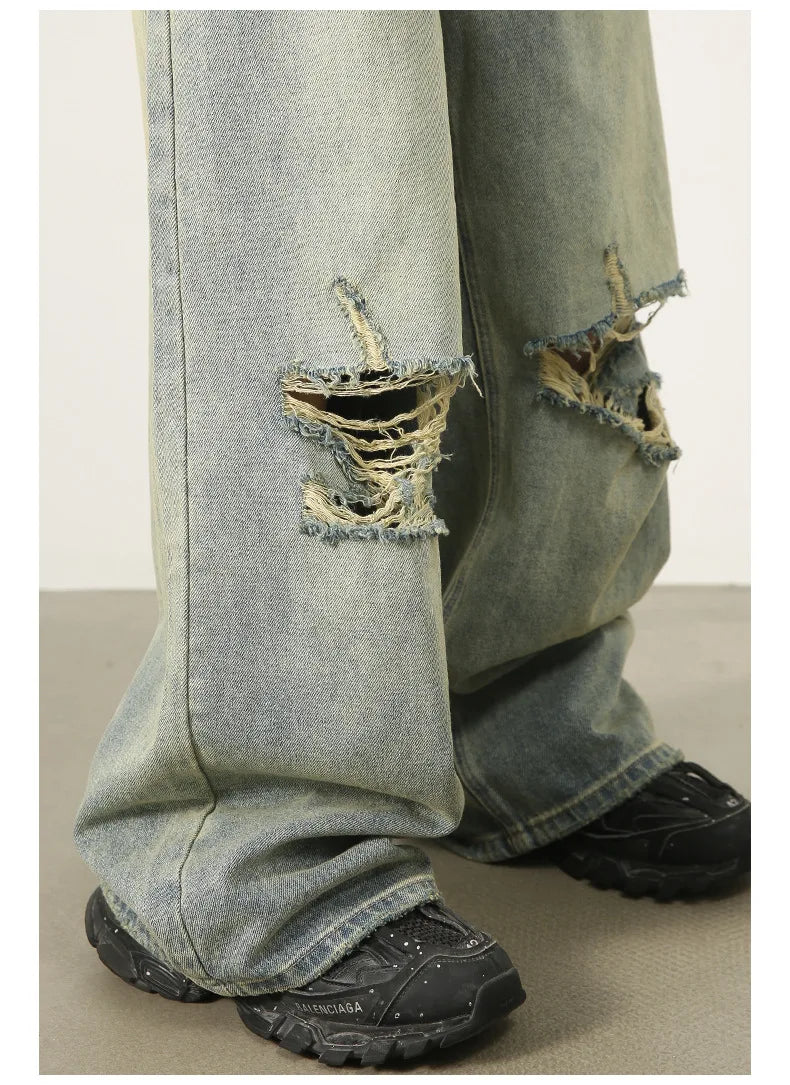 High End Blue Loose Ripped Jeans