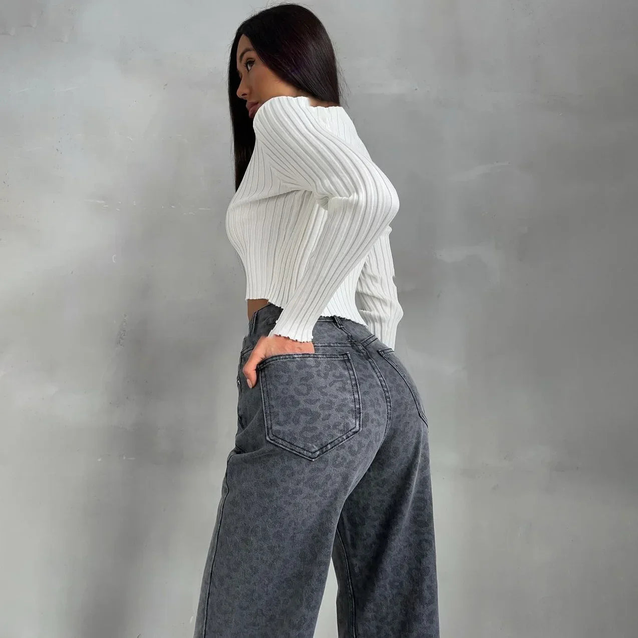 Leopard High Waist Straight Jeans