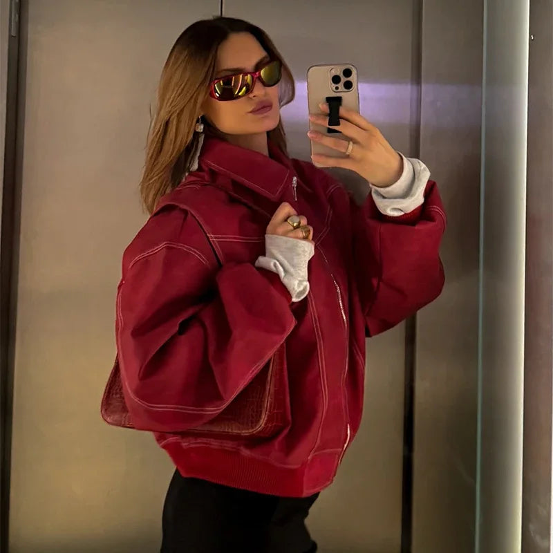 Women Chic Retro Red PU Leather Jacket