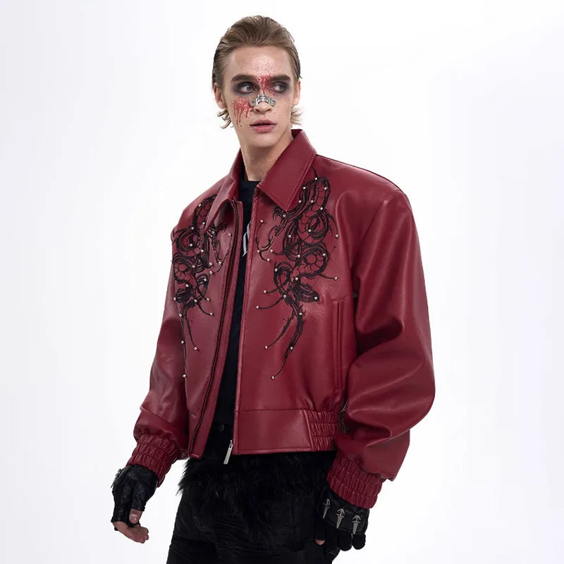 Men Premium Embroidered Patchwork Leather Jacket