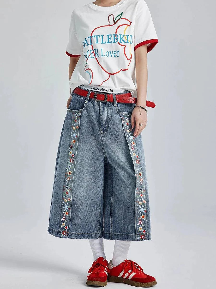 Vintage Wash Floral Print Denim Jorts