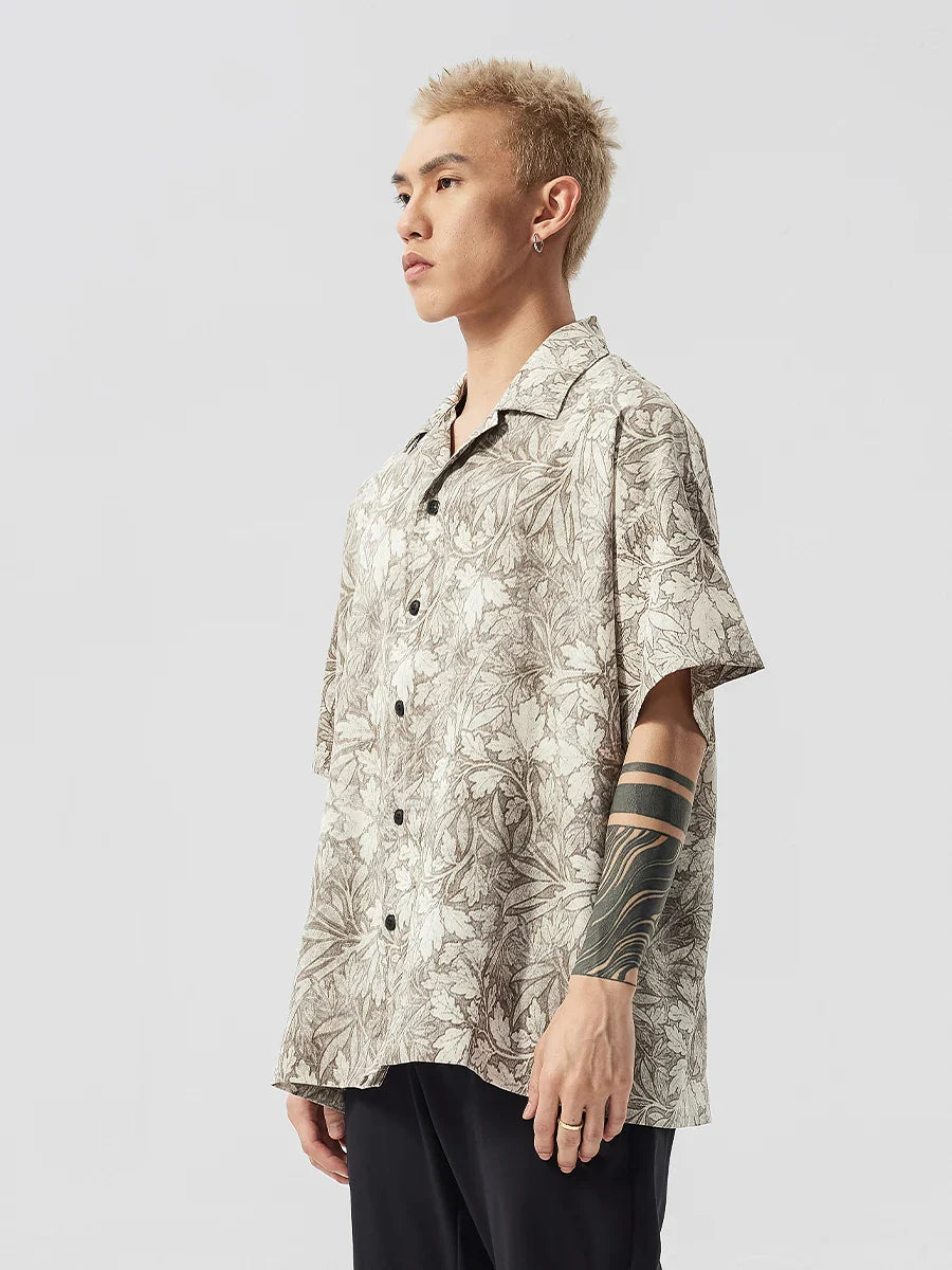 Camisa de solapa suelta con estampado floral estilo coreano para hombre