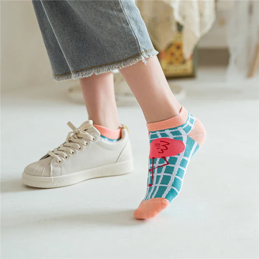 Colorful Flamingo Patterned Short Ankle Socks
