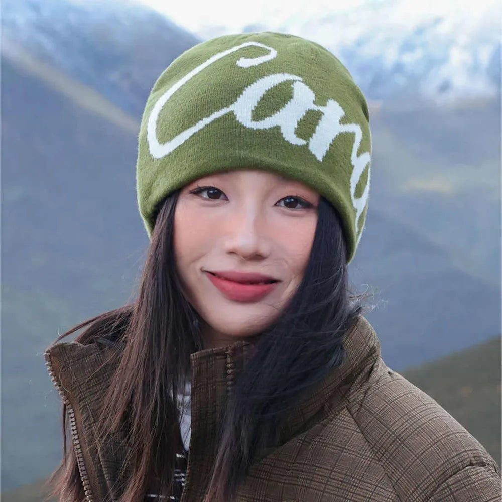 Black Wool Jacquard Letter Beanie Hat