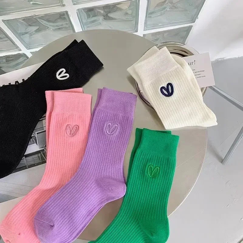 Embroidered Love Cotton Mid Tube Socks