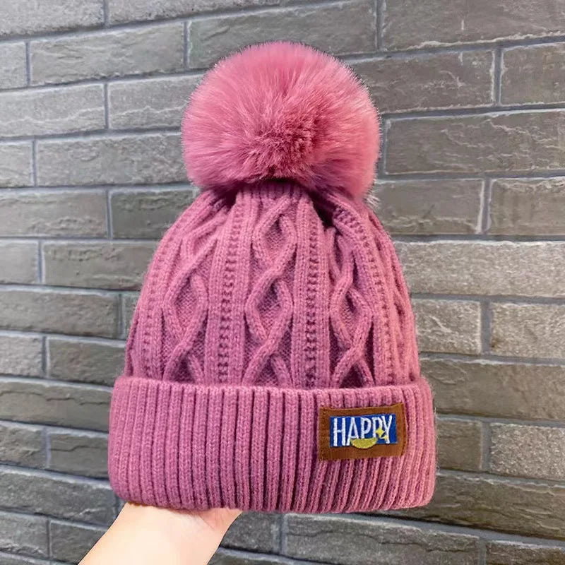 Winter Thick Fur Ball Knitted Beanie