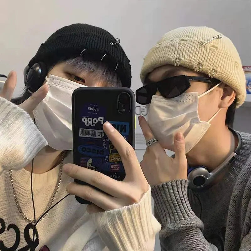 Y2K Knitted Ripped Pierced Beanie