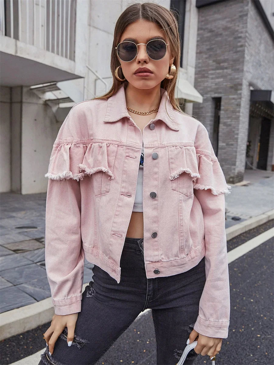 Vintage Raw Trim Ruffle Denim Jacket