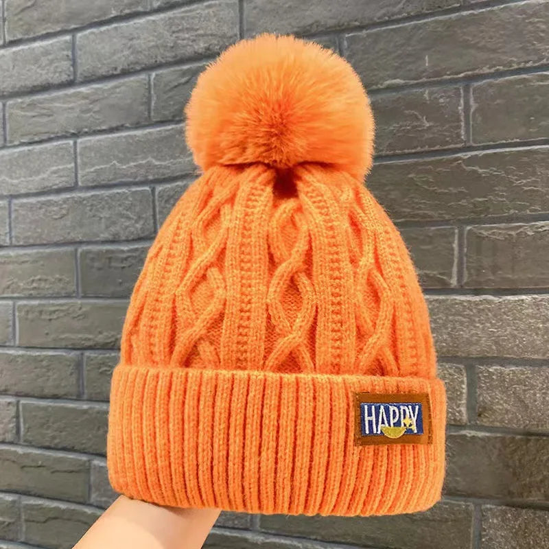 Winter Thick Fur Ball Knitted Beanie