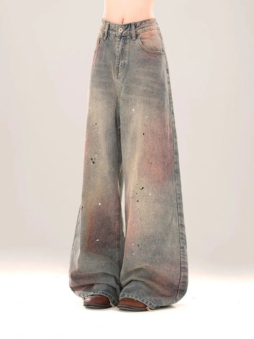 Women Vintage Gradient Wide Leg Jeans - Blue / XL