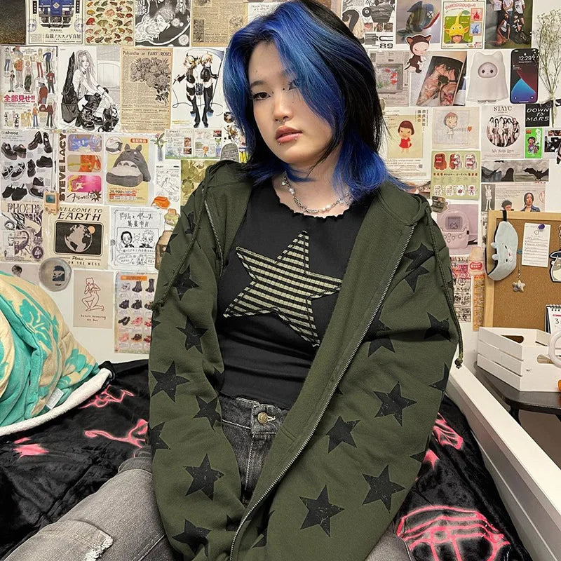 Gothic Stars Print Zip Up Sweatshirt