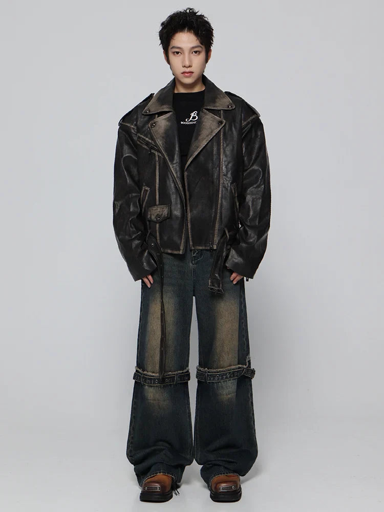 Streetwear Retro Distressed Black Leather Jacket