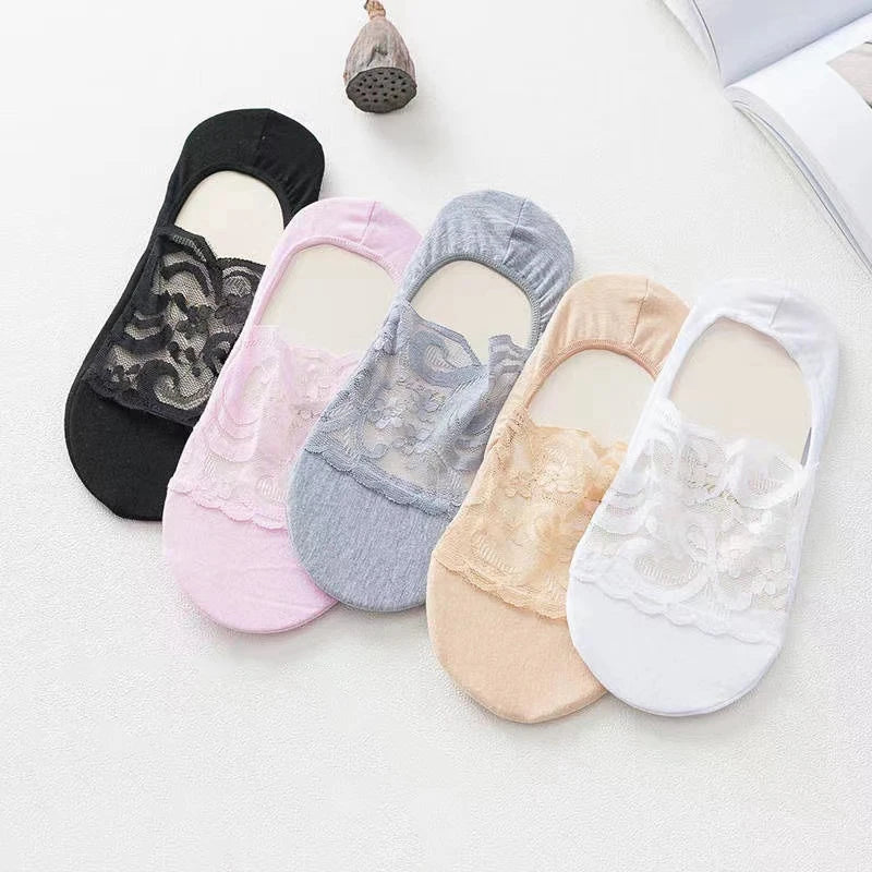 Breathable Lace Slipper School Socks Black