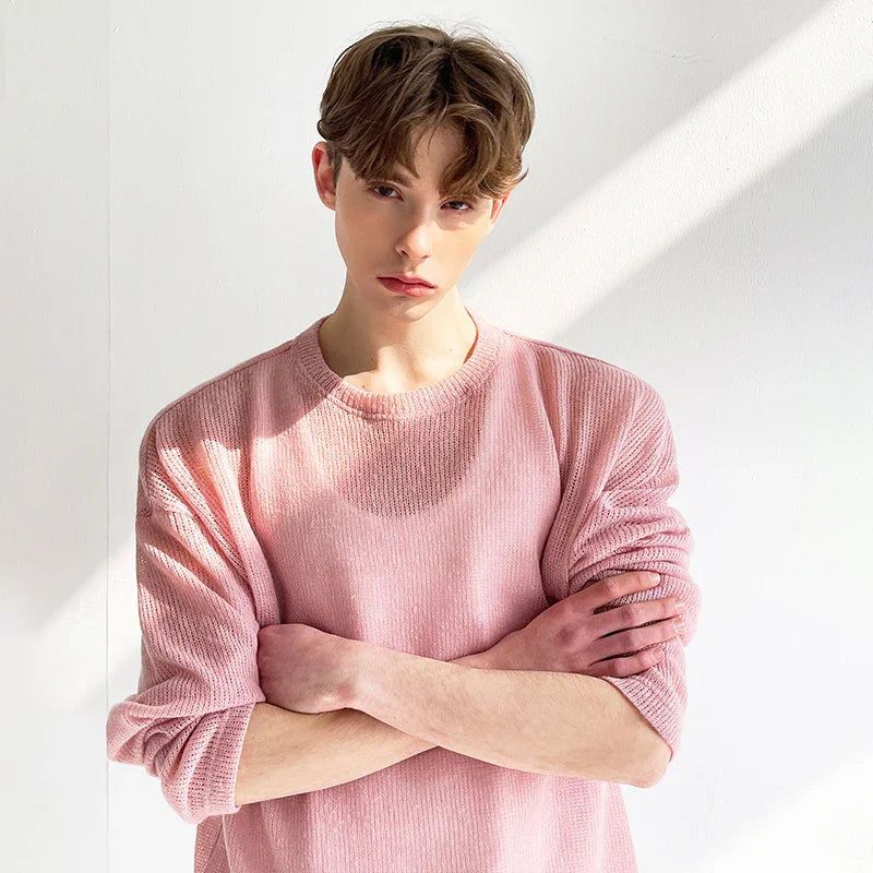 Camiseta de punto con cuello redondo, elegante y elegante, de color rosa