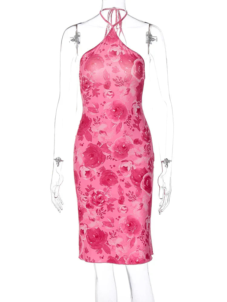 Rose Halter Lace Up Midi Dress