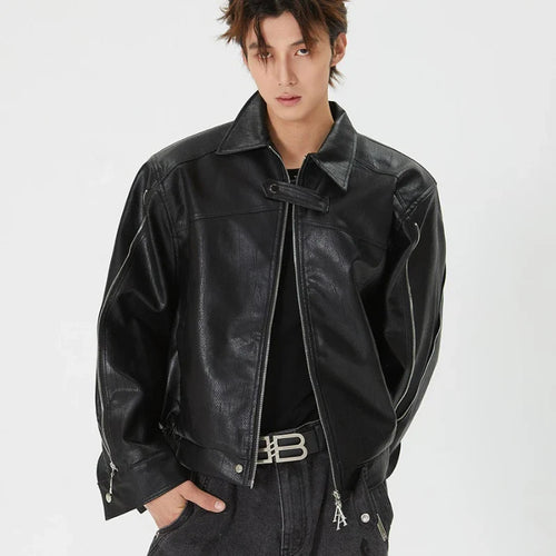 Jaqueta de Couro Masculina Lumi Estilo Retrô Coreano para Motociclista - Preto / XXL