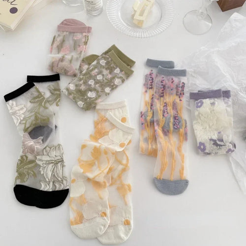 Calcetines de verano de seda con estampado floral, de media caña. - 7