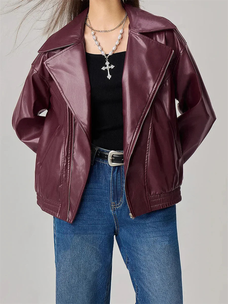 Burgundy Stylish Faux Zip-Up Leather Jacket
