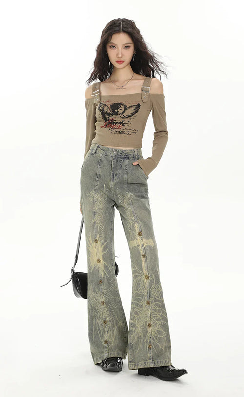 Calça Jeans Feminina Vintage de Cintura Alta Streetwear com Pernas Largas - Cinza / 4GG