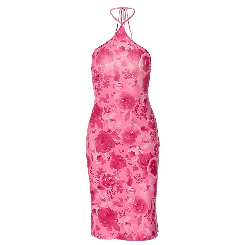 Rose Halter Lace Up Midi Dress