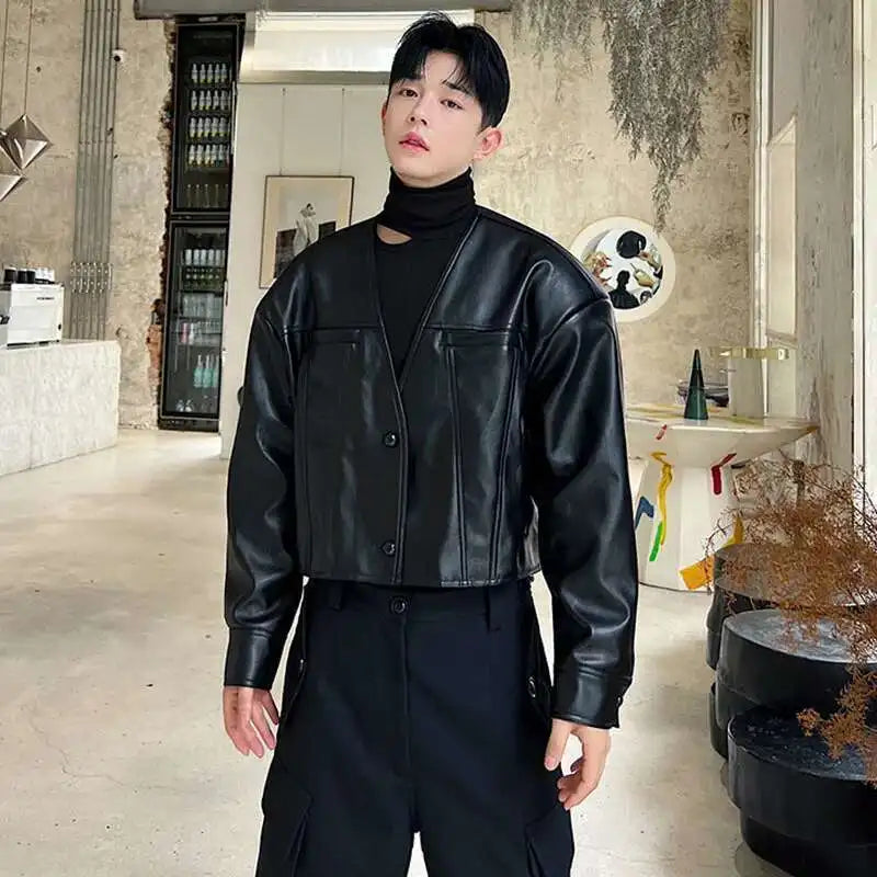 Stylish Trendy Collarless Moto Leather Jacket