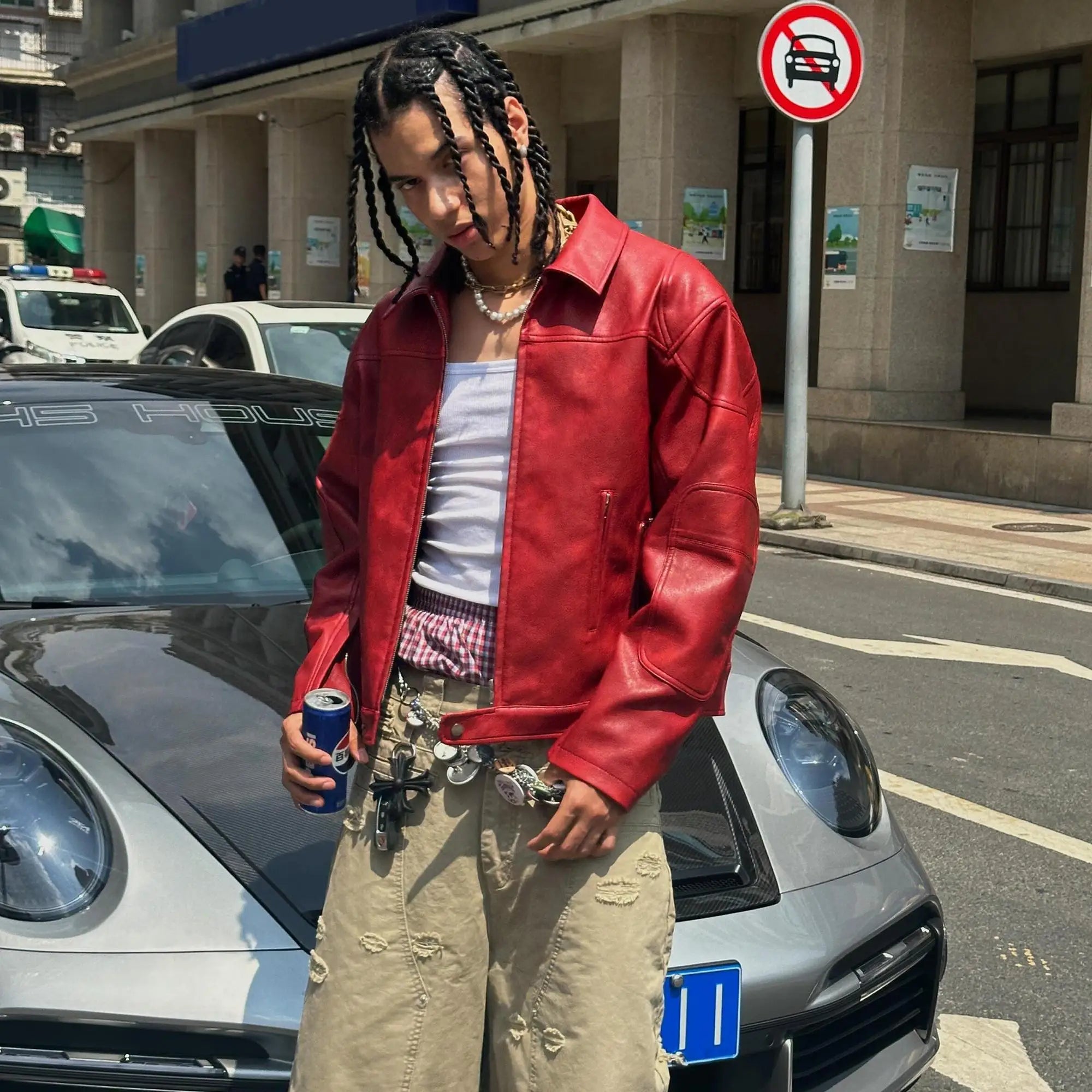 High-End Red Korean Style Hip Hop Leather Jacket