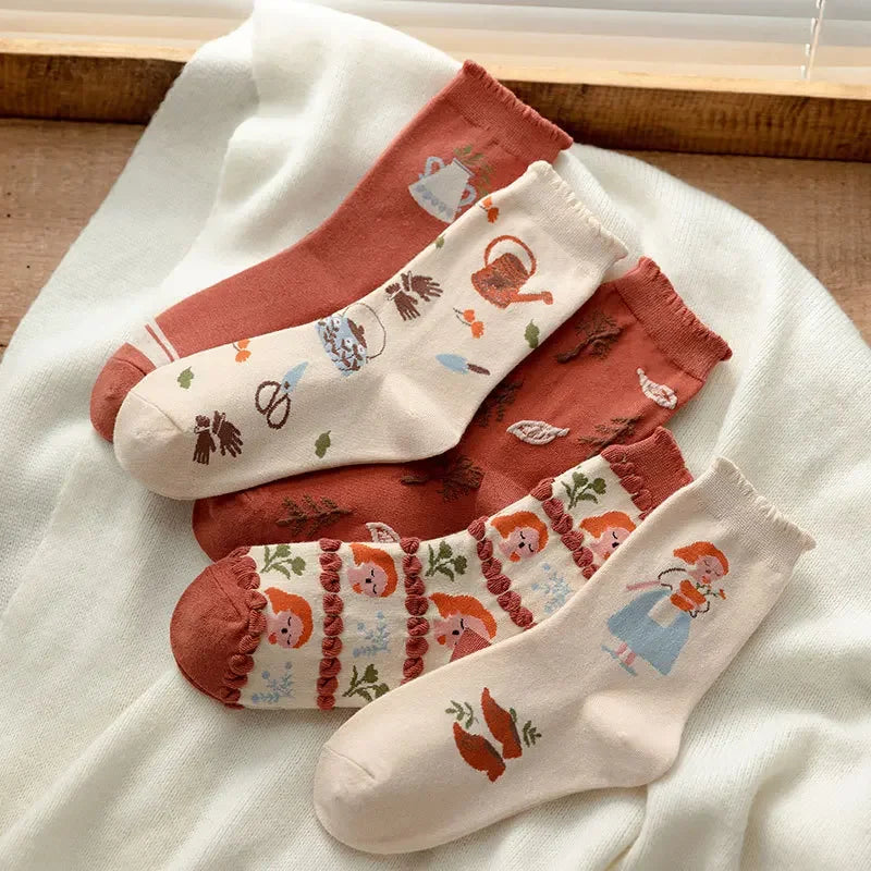 Sweet Kawaii Cartoon Print Floral Socks