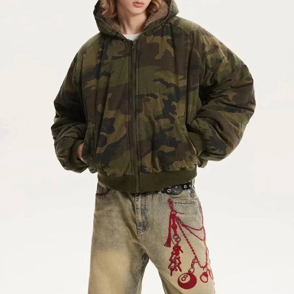 Men Camouflage Thickened Retro Hooded Winter Jacket