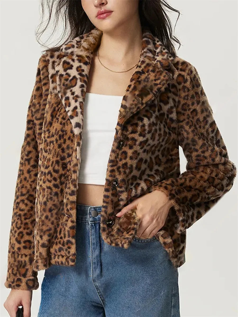 Women Leopard Print Faux Fur Jacket